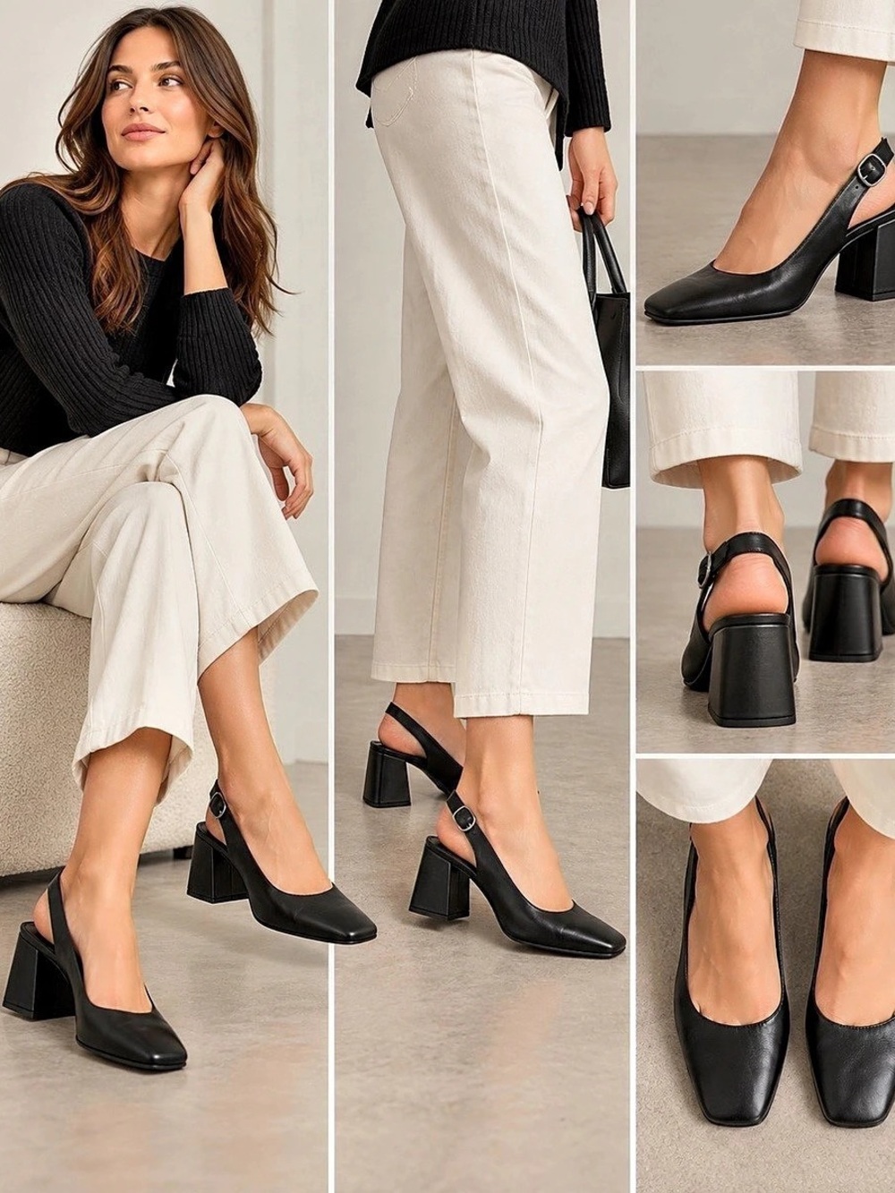 Vionic Black Leather Square Toe Slingback Block Heel Pumps Size 9